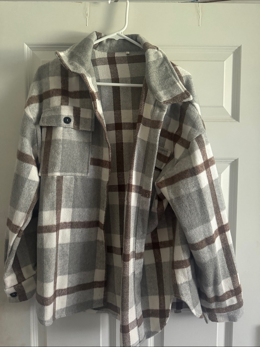 Amazon Plaid Utility Shacket in Gray, White & Brown